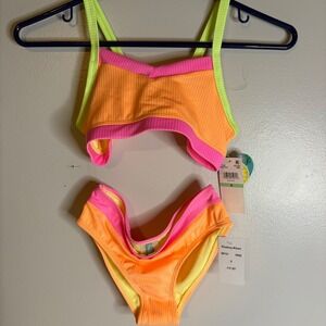 Breaking Waves Girls Size 8 Neon Ribbed Bikini 2-Piece Swimsuit Orange Pink NEW